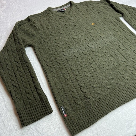 Quicksilver Sweater Large Men's Green Pullover V Neck Cable Knit - Lambs Wool - Picture 7 of 15